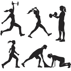 Vector silhouette collection of different poses of people exercising.