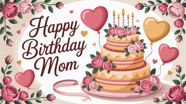happy birthday mom greeting card with decorated cake, roses, heart balloons, pink floral border, and candles in romantic design