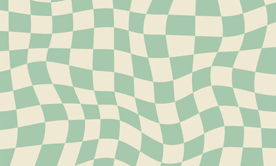 Abstract retro background with wavy checkerboard in warm vintage green tones. Psychedelic groovy design inspired by 70s aesthetics, perfect for posters, print, banners, social media graphics.