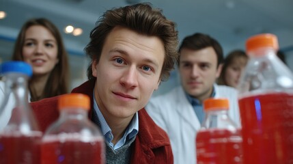 Young scientists focus on various colorful liquid samples placed in front of them while engaging in a collaborative and lively research session in a laboratory