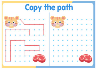 Activities for children. Copy the path. Logical games for children. Vector illustration. Square format of the book funny animals