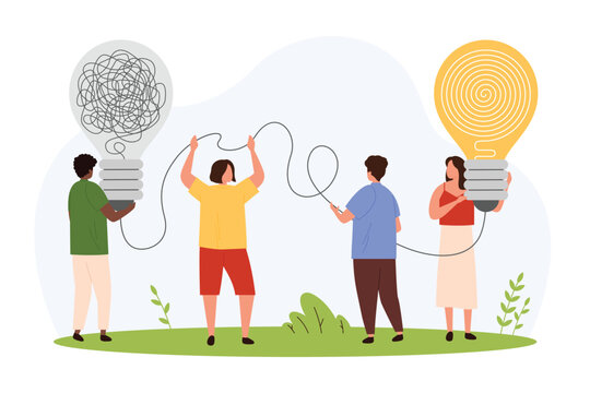Creative innovation ideas to solve business problem, simplify complex task vector illustration. Cartoon tiny people holding light bulbs with tangled wires and order inside, characters unravel knot
