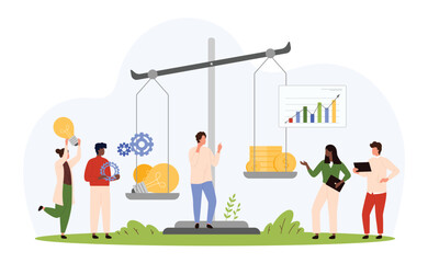 Comparison of investments and benefits from project. Tiny people weigh stack of light bulbs and money on equilibrium balance scale to measure value of creative idea cartoon vector illustration