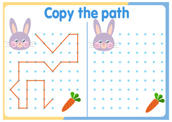 Activities for children. Copy the path. Logical games for children. Vector illustration. Square format of the book funny animals