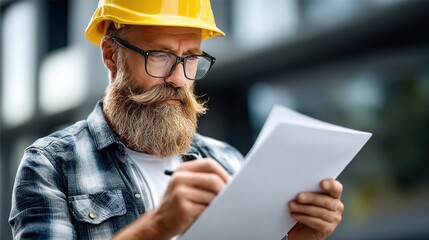 construction worker, wearing a yellow hard hat and glasses, examines architectural plans while standing in an urban area. He focuses intently on the details in his hands