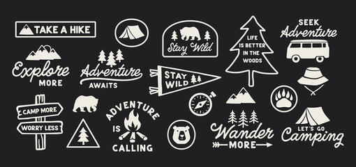 Outdoor adventure badge set with camping quotes and forest illustrations. Perfect for t-shirt designs, stickers, travel gear, or hiking-themed merchandise.	