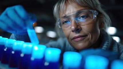 dedicated scientist in protective eyewear examines colorful test tubes filled with liquid in a lab setting, ensuring accuracy in her research during the evening hours