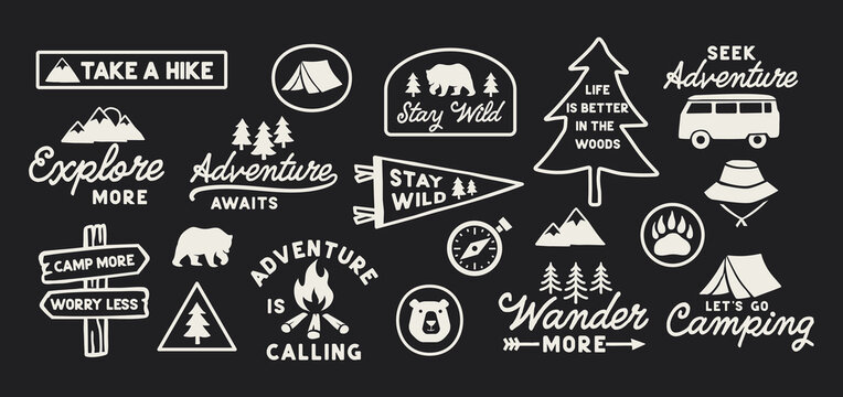Outdoor adventure badge set with camping quotes and forest illustrations. Perfect for t-shirt designs, stickers, travel gear, or hiking-themed merchandise.	