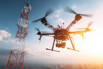 A modern drone equipped with communication antennas hovering in the air.