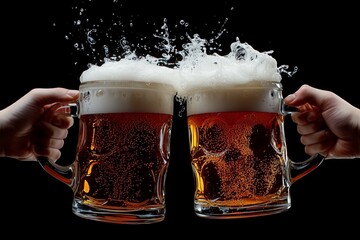 Cheers with two large beer mugs over black background