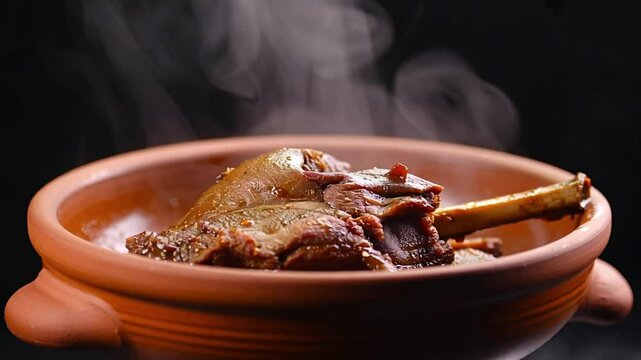 Traditional Moroccan Tagine Opened &ndash; Fragrant Steam and Braised Lamb Revealed