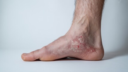 Close-up of human foot with fungal infection showing red and peeling skin, isolated on white background. Medical condition, dermatology, podiatry and healthcare concept.