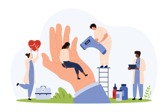 Care for employee health, social and medical insurance. Giant hand of corporate leader holding tiny woman, doctors with thermometer and first aid box check health cartoon vector illustration