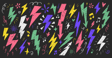 Colorful Crayon Lightning Bolt Doodles on Black Background with Star Embellishments