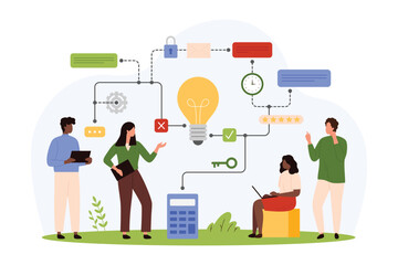 Fototapeta premium Mind map diagram to clarify decision vector illustration. Cartoon tiny people research visualization of information, project from data charts and light bulb in network, brainstorming process of team