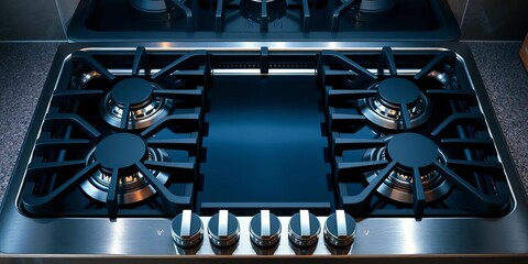 Sleek gas stovetop with multiple burners, ready for cooking,  fuel,  flame