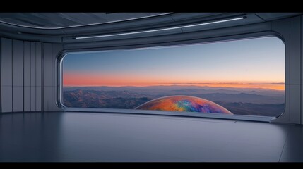 Expansive View from a Modern Space Station Overlooking a Colorful Planet in Orbit