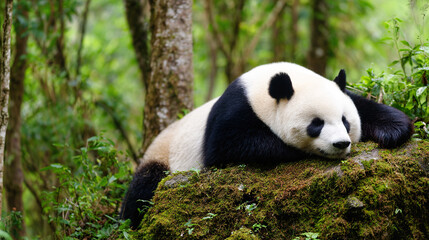 Fototapeta premium Giant panda resting on mossy rock in bamboo forest, a moment of peace in nature's embrace
