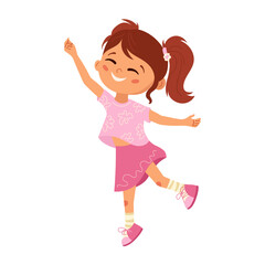 Happy girl in pink outfit jumping and dancing Cute cartoon smiling child having fun. Fun childhood character. Joyful vector illustration for kids card, banner, poster, print, design element