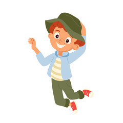 Happy cartoon boy jumping and smiling joyfully. Cute child in casual outfit having fun. Childhood character. Vector illustration for card, banner, poster, print and design element