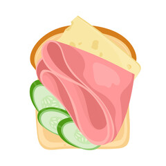 Classic toasted bread slices with cheese and ham. Traditional open sandwich. Nutritious breakfast or snack. Vector illustration for card, banner, poster, print. Top view food design element
