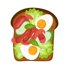 Delicious toast with boiled egg and sausages, cucumber and lettuce Nutritious breakfast or snack. Vector open sandwich illustration for card, banner, poster, print. Top view food design element