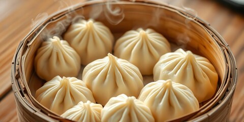 Fluffy dumplings steam in a rustic wooden basket, creating a warm, inviting scene, dumplings, healthy