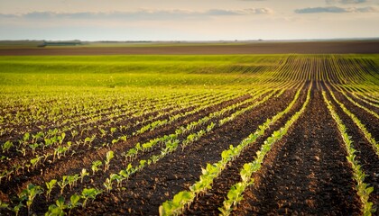 a row of newly germinated canola plants in a field on the saskatchewan prairies
