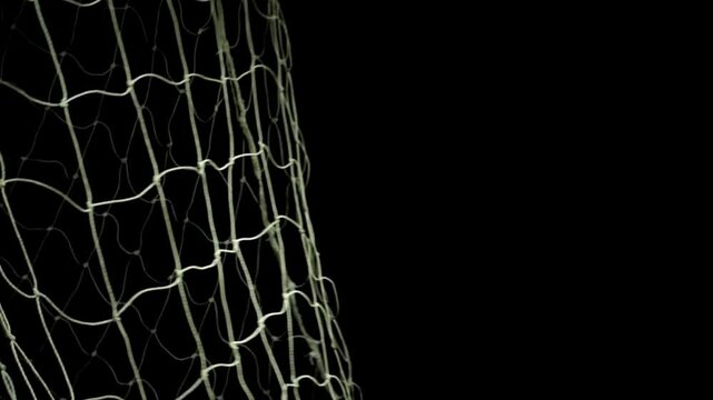 A soccer ball hitting the net during a game, with a dark background highlighting the action