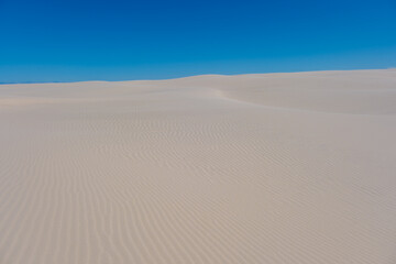 Exploring the serene white sand dunes of Denmark under a clear blue sky