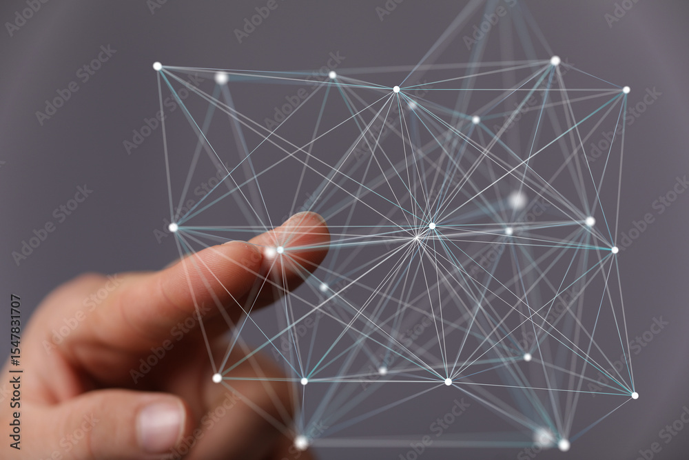 Poster Abstract image of a hand interacting with a digital network, representing connection and data.