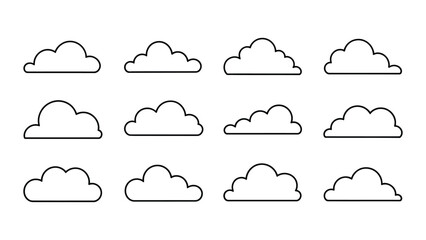 set of twelve black outline cloud icons on white background, minimal weather clipart symbols for web, apps, forecast, and design use