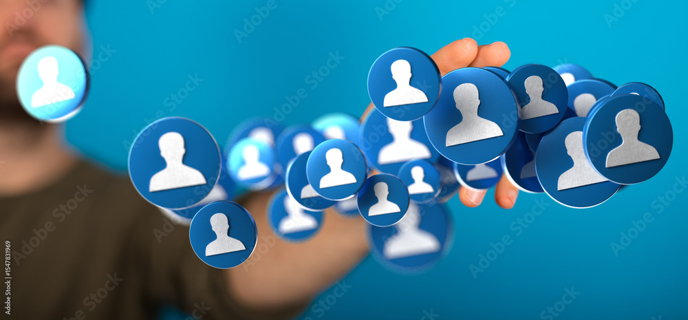Poster person interacting with digital profile icons, representing social media networking and online conne