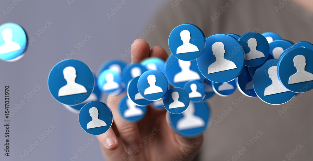 Poster hand interacting with digital profile icons, symbolizing social media connections and networking.
