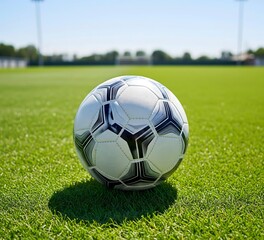 A classic black and white soccer ball on a vibrant green grass field. Focused on the ball in the foreground.