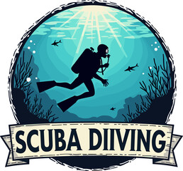 Silhouette vector of a scuba diver swimming through underwater scene with sharks, coral and text "Scuba Diving", framed as an adventure badge