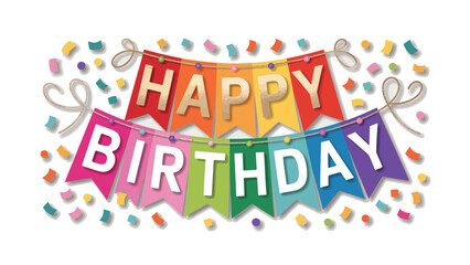 colorful happy birthday banner with confetti and ribbons on white background, festive party decoration for celebrations and events