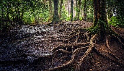 muddy forest floor with twisted roots and gnarled tree trunks grunge roots