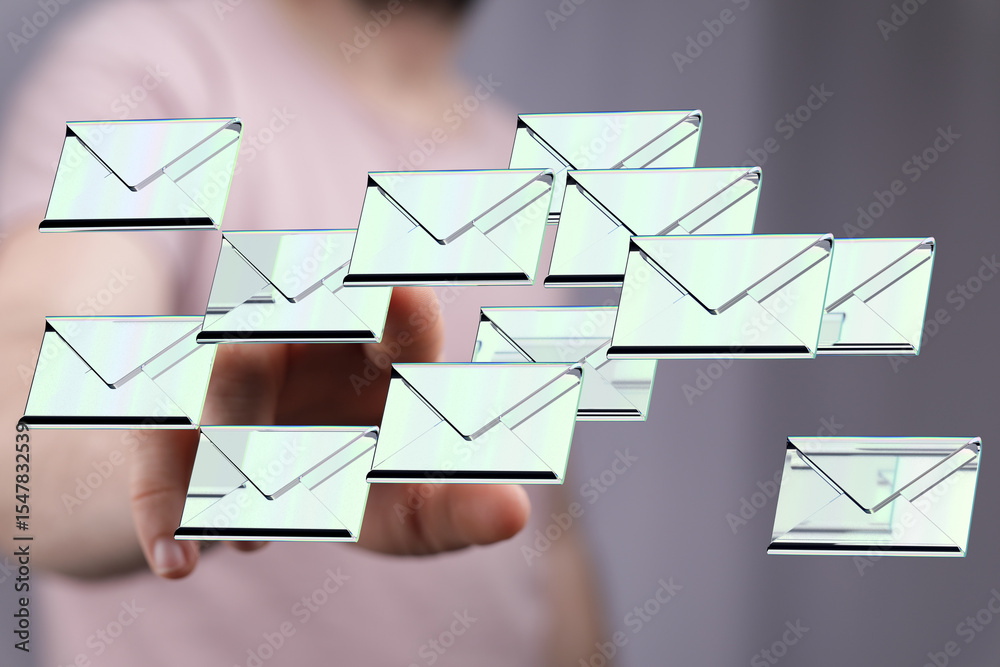Poster Digital mail management. Hand reaching for many emails. Efficient inbox.