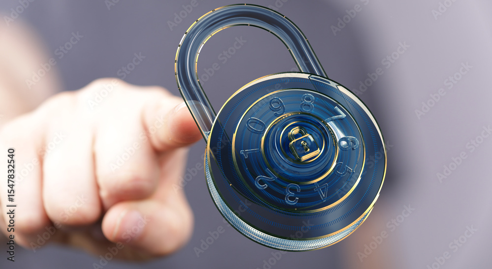 Poster Close-up of finger pointing at a digital combination lock, symbolizing online security and data protection.
