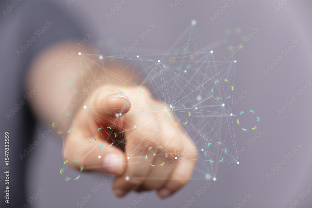 Poster Close-up of a hand interacting with a digital network, showcasing connectivity and technology.