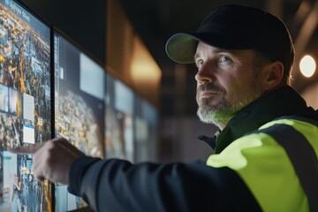 Focused Man in Safety Jacket Interacting with Multiple Screens