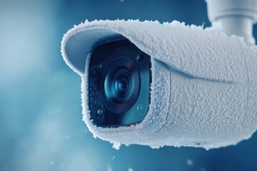 Frosted Security Camera in Winter Landscape with Snowy Background