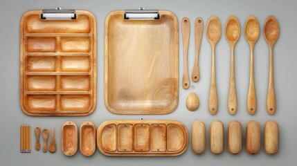 Wooden Kitchen Utensil and Baking Tray Set on Grey Background