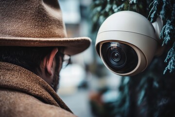 Man in Brown Coat and Hat Looking at Security Camera Outdoors