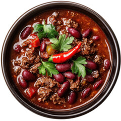 Top view of a bowl of chili con carne with red beans- beef- and chili peppers.