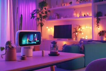 Modern Living Room with Smart Device and Cozy Atmosphere at Night