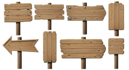 An assortment of eight aged wooden signs, each mounted on a wooden post, against a dark background