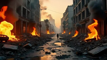 Burning destroyed city street with smoke rubble and fire after violent disaster
 - Powered by Adobe