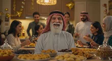 A happy elderly Middle Eastern man celebrates with family at a table full of traditional sweets and dates, smiling brightly